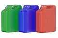 Set of colored steel jerrycans