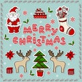 Big set of color Christmas and New Year stickers in cartoon style: santa, gift box, sock with candies Royalty Free Stock Photo