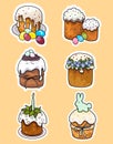 Set of colored stickers Easter cakes on an orange background