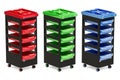 Set of colored storage trolleys with drawers, 3D rendering