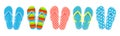 Set of colored summer flip-flops polka dots, stripes, beach shoes, vector Royalty Free Stock Photo