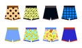 Set of colored underpants shorts with a patternon white background. Underwear for men. Flat design Vector