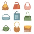 Set of colored vector hand drawn illustrations. Women's accessories various bags Royalty Free Stock Photo