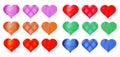 Set of colored watercolor hearts on a white background. Colorful bright red, crimson, blue, pink, green, orange. Valentine`s Day, Royalty Free Stock Photo