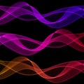 Set of colored waves. Abstract horizontal beautiful vector waves on black background, design element Royalty Free Stock Photo