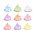 Set of Colored White Light Blue Pink Yellow Orange Brown Green Lilac Whipped Cream for Dessert Cupcakes Soft Served Ice