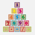 Set of wooden cubes with numbers and arithmetic signs