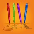 Set colored writing pens for school, business and study. Handles for learning, letter, line, stroke. Vector illustration.