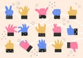 Set of colorful abstract hands in different gestures emotions and signs. Modern isolated vector illustration in trendy Royalty Free Stock Photo