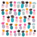 Set of colorful abstract pineapples on white.