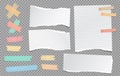 Set of colorful adhesive tape stripes, with torn notebook sheets stuck on grey background. Vector illustration