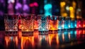 set of colorful alcohol drinks in glasses at bar counter in night club