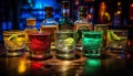 set of colorful alcohol drinks in glasses at bar counter in night club