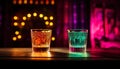 set of colorful alcohol drinks in glasses at bar counter in night club