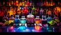 set of colorful alcohol drinks in glasses at bar counter in night club