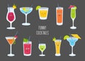 Set of colorful alcohol and soft drinks, cocktail, smoothies, lemonades with cute smiling faces. Bundle of tasty funny