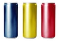 Set with colorful aluminium cans of beverage on background Royalty Free Stock Photo