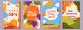 Set of colorful autumn cards, backgrounds, shop sale promo banners. Place for text. Bright landscapes, pumpkins, grapes