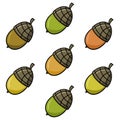 Set of colorful autumn icons, ripe acorns from the oak tree, vector cartoon Royalty Free Stock Photo