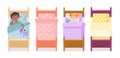 Set of colorful baby beds in cartoon style. Vector illustration of beds with a boy and a girl who sleep with toys on Royalty Free Stock Photo