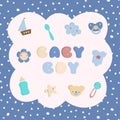 Set of colorful baby boy toys with seamless background. Vector illustration