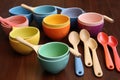 set of colorful baby spoons and bowls