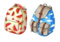 Set of colorful backpacks with red melon ans clouds