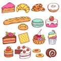 Set of colorful bakery icons in hand drawn style.