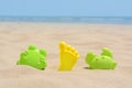 Set of colorful beach toys on sand near sea, space for text Royalty Free Stock Photo