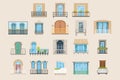 Set of colorful beautiful balconies. Vintage, modern and decorative forged balconies. Flat vector illustrations