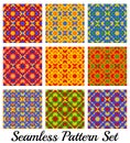 Set of 9 colorful beautiful geometric seamless patterns with rhombus, square, triangle and star shapes Royalty Free Stock Photo