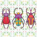 Set of 3 Colorful Beetle Bugs, Insect on Endless Leaf Background