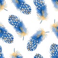 Blue feather with white spots  of Helmeted Guinea fowl. Watercolor seamless pattern. Hand-drawn art. Artistic illustration. Royalty Free Stock Photo