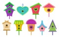 Set of colorful birdhouses. Nesting boxes for birds. Decorative flat vector elements for posters, postcards or banners Royalty Free Stock Photo