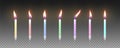 Set of colorful birthday cake candles with burning flames. Vector