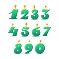 Set of colorful birthday candle numbers. Wick and fire. Vector illustration