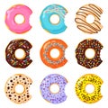 Set of colorful bitten donut on white background