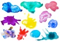 Set with colorful blots of ink on white background, top view