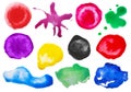 Set with colorful blots of ink on white background, top view