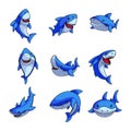 Set of colorful blue shark in different comic poses