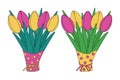 Set of 2 colorful bouquet of tulips in wrapping paper in trendy spring shades bright pink and yellow