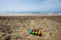 Set of colorful bowls for beach game at sea Royalty Free Stock Photo