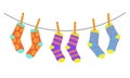 Set of colorful bright children socks drying on the clothesline. Vector illustration in flat style