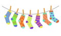 Set of colorful bright children socks drying on the clothesline. Vector illustration in flat style