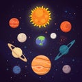 Set of colorful bright planets. Solar system, space with stars. Cute cartoon vector illustration. Royalty Free Stock Photo