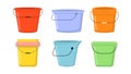 Set of colorful buckets in cartoon style. Vector illustration of various plastic buckets with different size white background