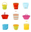 Flat vector set of colorful buckets. Plastic, wooden and metal water pails. Containers for carry liquids or other