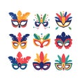 Set of colorful carnival masks with feathers and decoration. Collection of festive masquerade party accessories