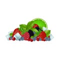 Set of colorful cartoon berries: blueberry, blackberry, raspberry, strawberry, cranberry, mint leaves and ice cubes. Vector