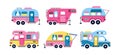 Set of colorful cartoon campers RV. Road home Trailers. Camping caravan cars. Mobile home for country and nature Royalty Free Stock Photo
